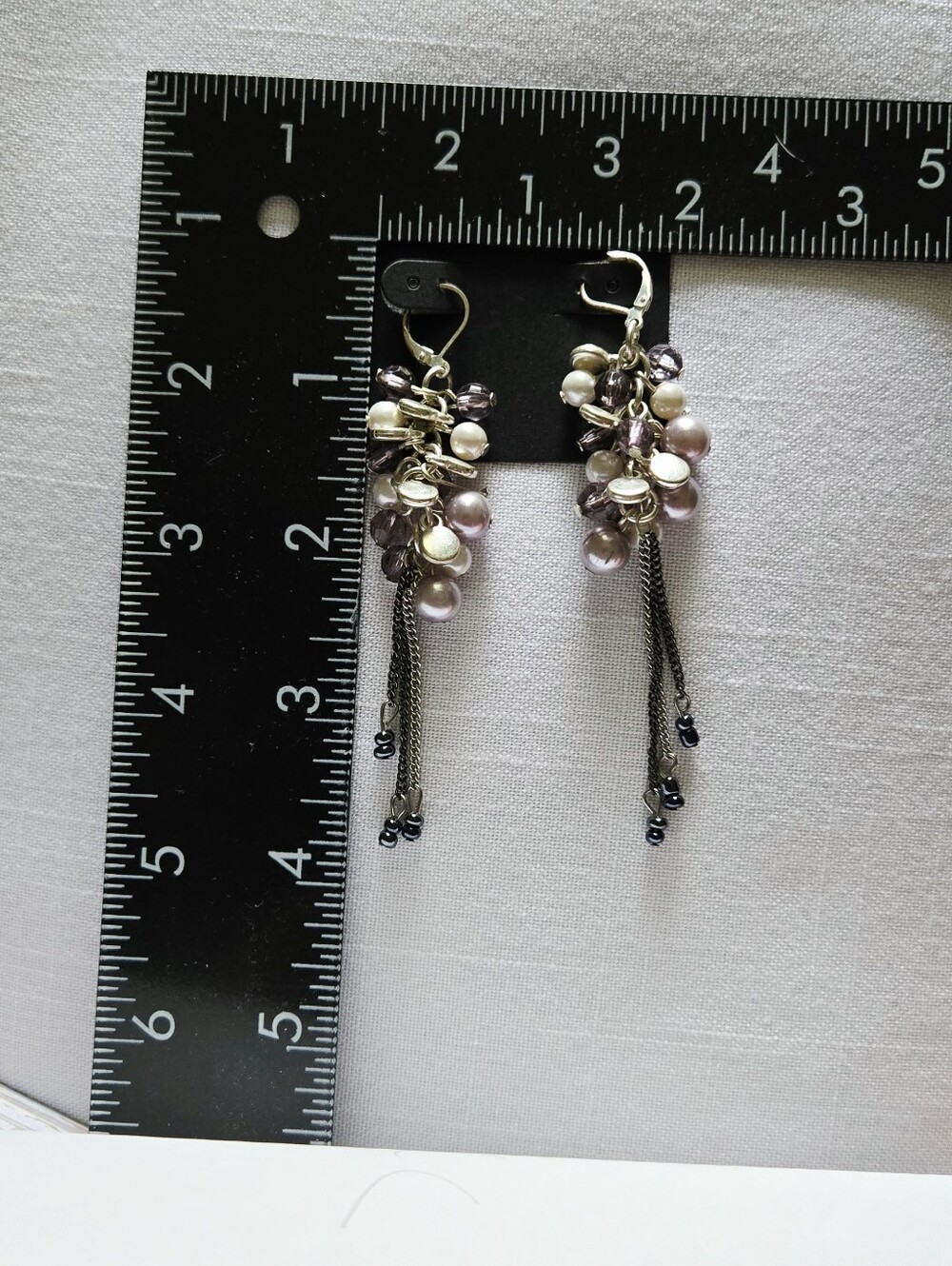 Vintage Fuax Pearl & Purple White Bead Cluster Dangle Earrings - Picture 10 of 16